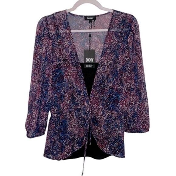 DKNY Purple Floral Tie-Waist V-Neck Blouse 3/4 Sleeve Top Small NWT - Picture 2 of 4